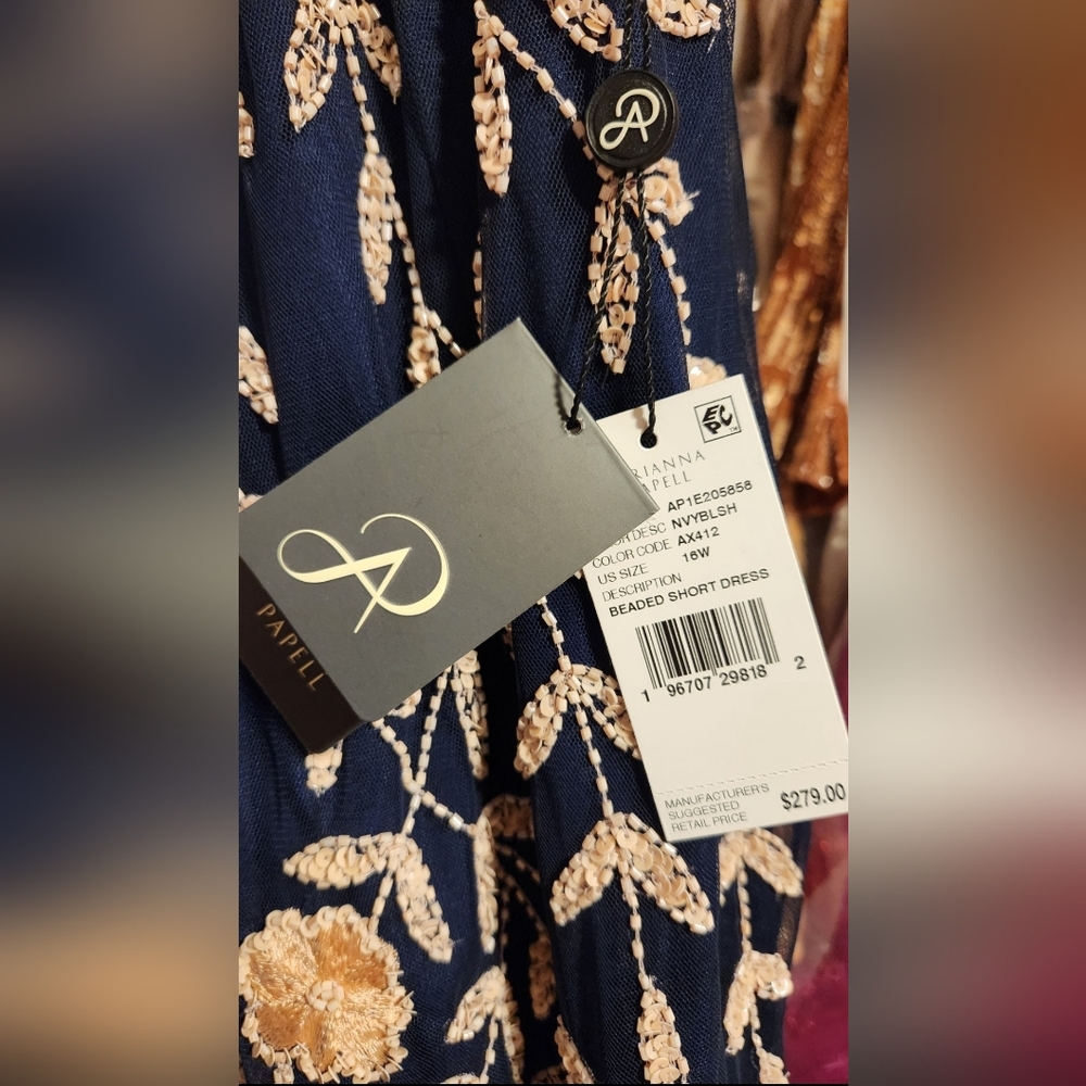 Adrianna Papell Navy & Blush Floral Sequin Embroidery Dress NWT - Picture 6 of 12